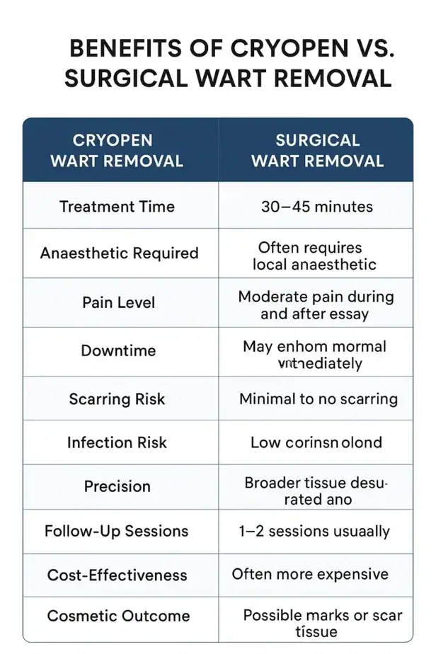 Table showing the benefits of cryopen to remove warts Lincolnshire compared to surgical treatment